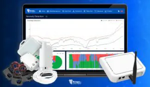 The starter kit by Scops by Quick Algorithm, with IoT sensors, Gateway for connectivity, and desktop laptop with the dashboards of AI analytics of the Scops cloud software