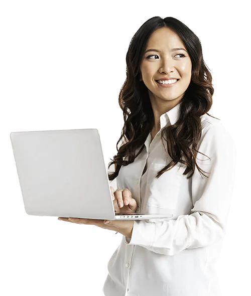 smiling asian woman with computer