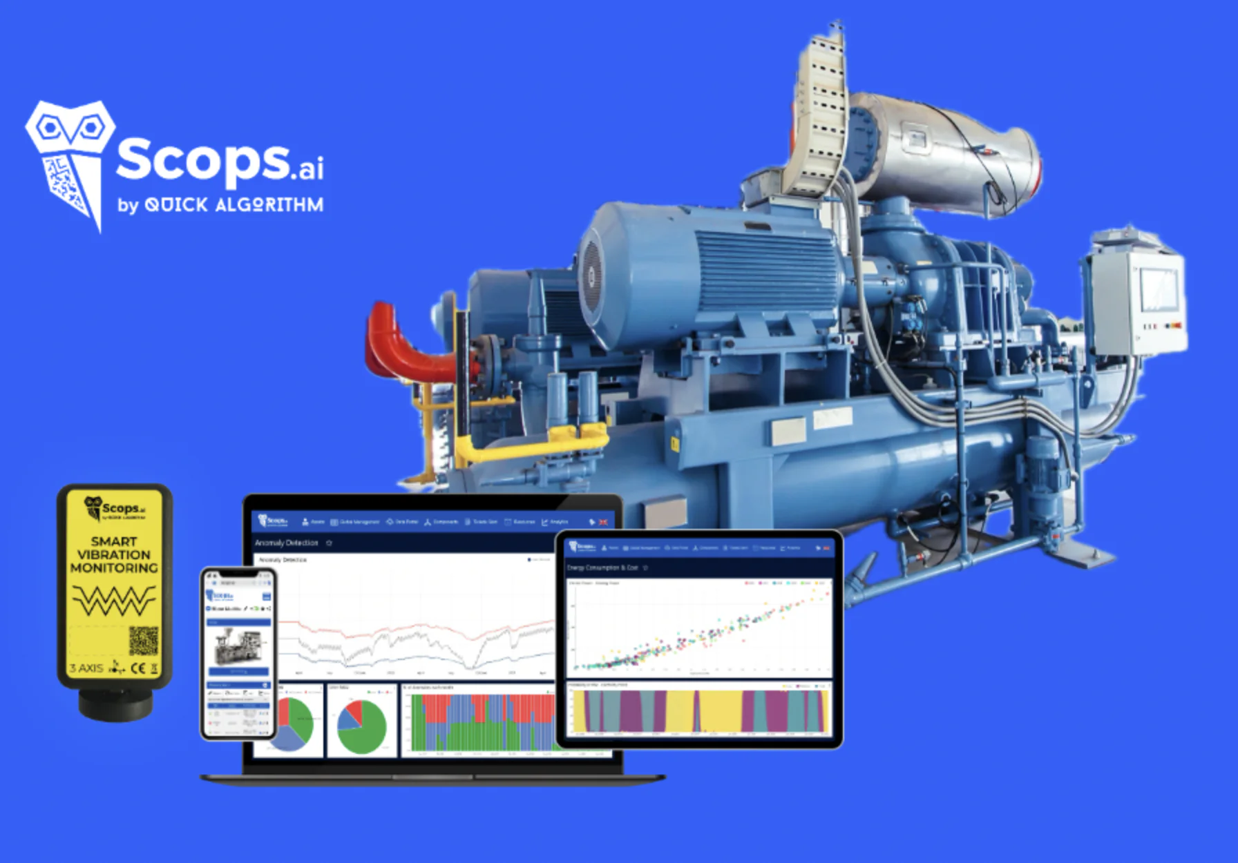 Scops VS-23 Vibration Sensor with LoRa technology for industrial machine monitoring.